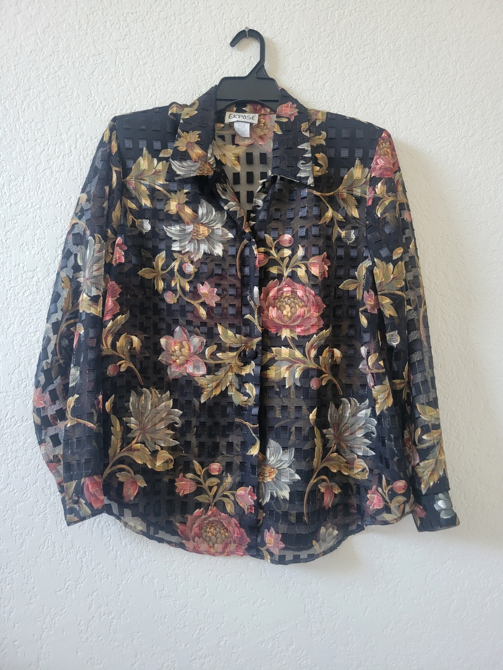 Sheer Black Floral Long-Sleeve Button-Up Blouse